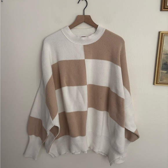 Free People Sweaters - Free People Easy Street Cream Tan Checkerboard Knit Sweater Women’s Medium EUC